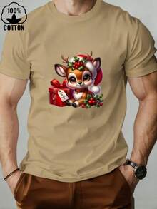 Una camiseta navideña nueva, informal y elegante para hombre, hecha 100 % de algodón. Esta ligera camiseta de verano es perfecta para fiestas de disfraces y para el día a día. Su cuello redondo y su capacidad para lavar a máquina la convierten en la opción ideal para las celebraciones navideñas. Su llamativa letra facilita su cuidado, ideal para las compras navideñas. - Caqui - Ver 1