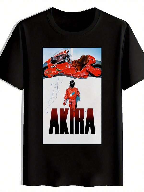 Camiseta gráfica retro de velocímetro de dibujos animados para hombres - Negra, casual, cuello redondo, manga corta con diseño audaz de Akira y Maka 5, esencial de verano para fanáticos del anime, tela no transparente
