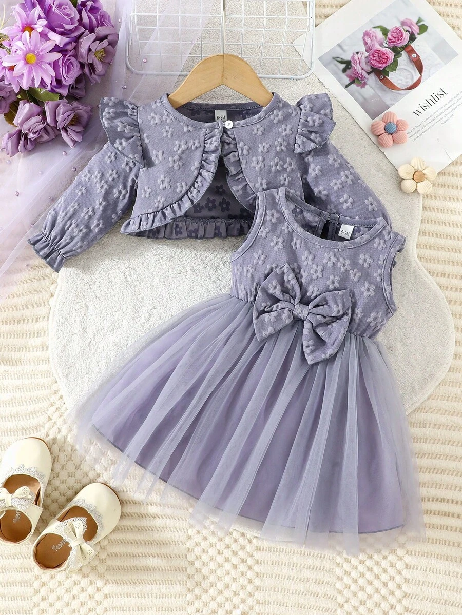 2pcs/Set Baby Girls Casual Snowflake Pattern Cardigan Jacket And Bowknot Mesh Dress Outfit Set - Purple - View 1