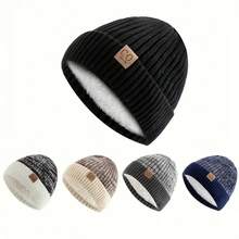 Men's Retro Winter Knit Hat - Thickened Fleece-Lined Earmuffs For Warmth, Navy Blue/White/Patterned Patches, Soft And Fluffy Lining - Durable Beanie For Winter Fitness, Outdoor And Everyday Use, Hand Washable, Comfortable Design, Reinforced Stitching Stripes, Casual Sports Headwear, Retro Style, Suitable For Outdoor Enthusiasts