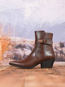 Women's Fashionable Brown Mid-Calf Boots, Autumn/Winter Chunky Heel Ankle Boots, Casual Vacation Office Metal Buckle Decor Side Zipper Square Toe Thick Heel Ladies Winter Boots, Commute Comfortable Women Ankle Boots, Western Style Party Holiday - Brown - View 10