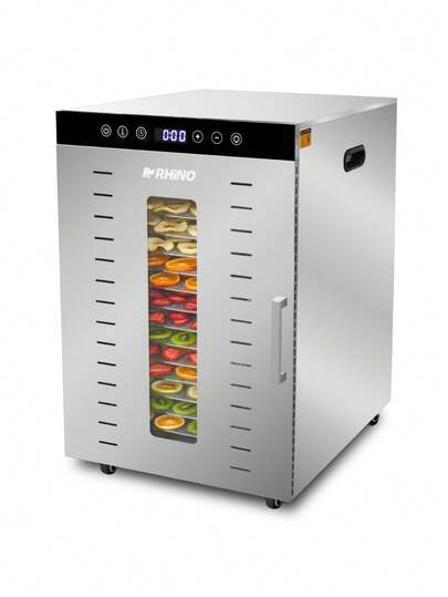 RHINO Deshidratador de Alimentos DESALI-16, 16 Bandejas de Acero Inoxidable, 1,350 W, Temperatura Ajustable (30-90 °C), Panel Táctil Digital y Luz Interna