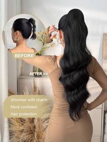 28 Inch Black Wavy Curly Ponytail Hair Extensions, Drawstring Clip-In, Heat Resistant Synthetic, Suitable For Daily Wear And Women's Party Occasions - Black - View 4