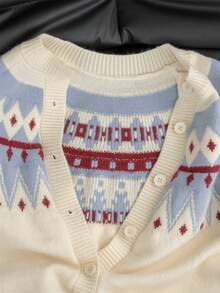 圣诞节、新年和万圣节氛围女士秋冬毛衣开衫，新款复古费尔岛提花圆领针织套头衫，撞色开襟衫，适合外出、休闲、度假、雪天、派对等场合。 - 杏色 - 查看 8