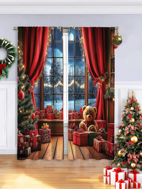 2PCS Christmas-Themed Digital-Printed Brushed Curtains – Window Sills With Red Curtains, Piled With Christmas Gifts Design, Easy-Install Rod Pocket Design, Semi-Transparent Polyester Material, Suitable For Living Rooms, Kitchens, Bedrooms, And Dining Rooms, Filling Your Home With A Christmas Vibe