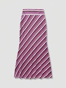 New Stylish Elegant Knitted Fabric Printed Striped Maxi Skirt, Suitable For Beach, Holiday, Daily Wear, Travel - Pink - View 6