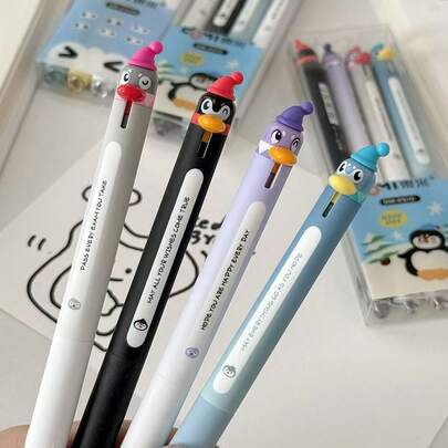 2510 Winter New Cute Penguin 4-Color Neutral Pen, 0.5mm ST Double Ball Quick-Drying Student Marking Pen, 1pc, 4pcs Set Marking & Signing Black Pen, Suitable For Students