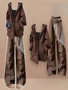Women Two-Piece Outfits - Brown + Black + Brown - View 1