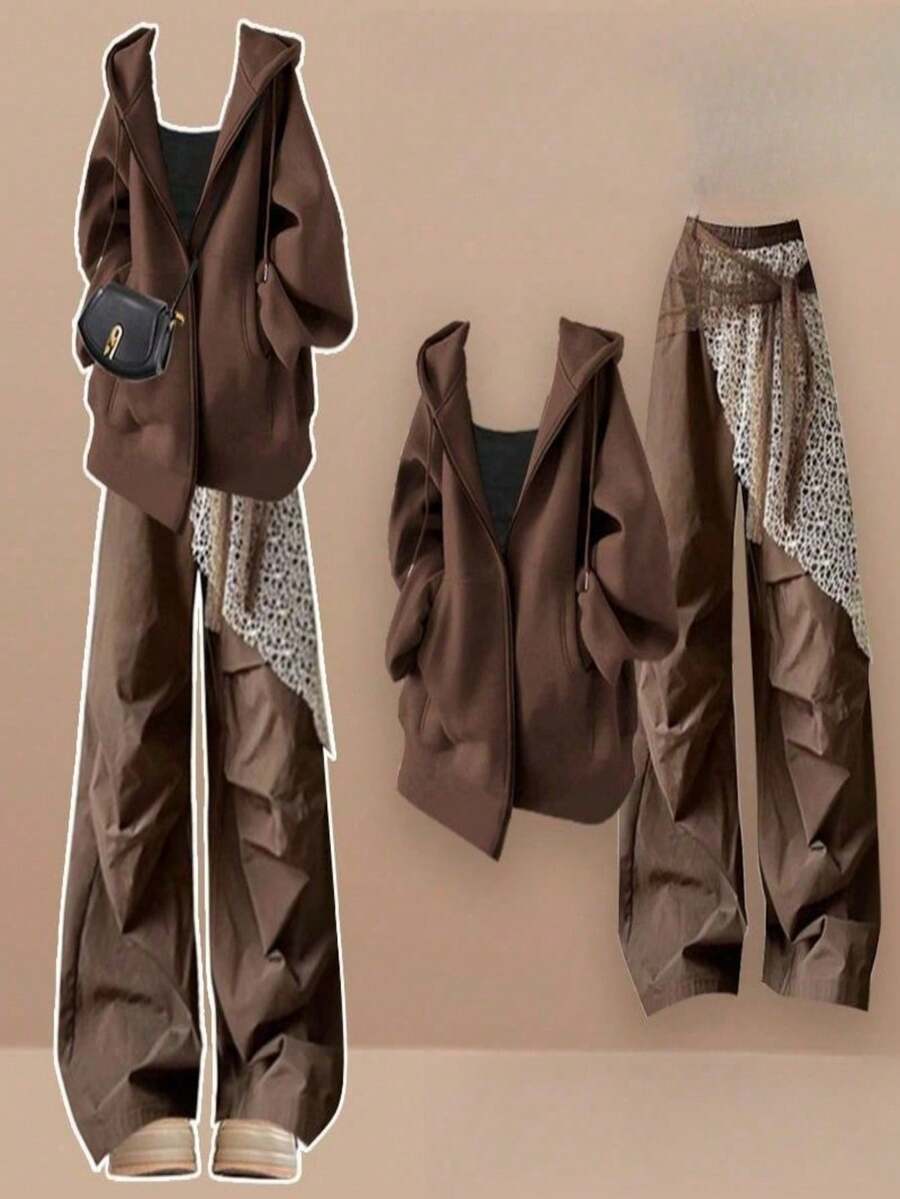 Women Two-Piece Outfits - Brown + Black + Brown - View 1