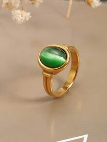 1pc Vintage 18K Gold Plated Stainless Steel Oval Cat Eye Stone Ring, Suitable For Festivals, Parties And Daily Wear - Gold Oval Synthetic Cat's Eye Ring - View 2