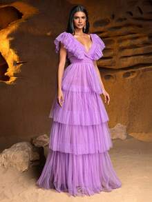 优雅的薰衣草紫色深V领多层薄纱裙晚礼服，饰有荷叶边袖口和及地裙摆，适合春夏鸡尾酒会和特殊场合。 - 紫色 - 查看 8