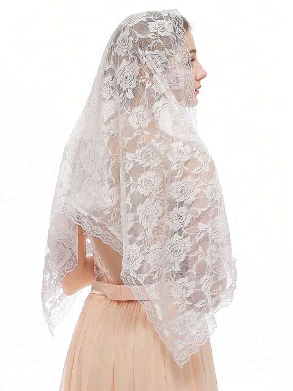 1pc White Lace Trim Bridal Headscarf, Muslim Headscarf, Catholic Church Mantilla Lace Shawl For Women, Christmas