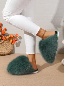 Luxurious Soft & Warm Women's Cute Slippers, Comfortable Non-Slip Winter House Slippers, Fluffy Indoor & Outdoor Home Shoes, Essential Cold Weather Footwear - Dark Green - View 4