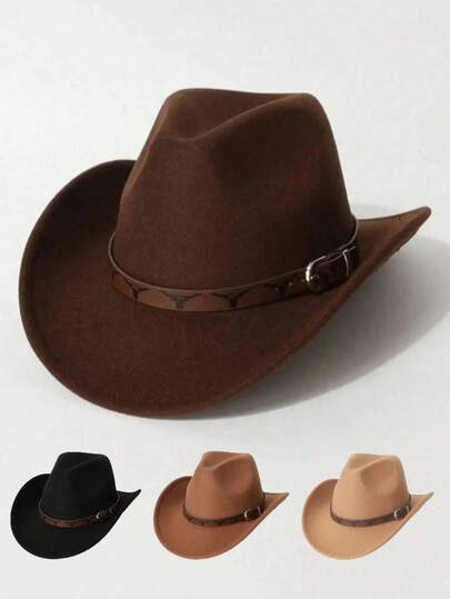 1pc A Classic Cowboy Hat For Both Men And Women, Paired With A Brown Belt And A Silver-Black Bull Logo, And A Metal Buckle, Is An Adjustable Outdoor Performance Hat Suitable For Both Men And Women. It Is Perfect For Casual Daily Wear, Outdoor Activities, Horseback Riding, Party Stage Performances, And Western Cowboy Gatherings