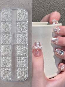 12 Grids Round White Pearl Nail Beads Nail Art Jewelry Caviar Beads Nail Art Jewelry Half Round Pearl Gem Diy Nail Art Decoration Nail Supplies Nails Nail Charms Nail Gems12 Grids Half Round Gold+Silver Pearls Nail Charms Metallic Flat-Back Beads Ball Mixed Size Nail Pearls Diy Nail Gems Nail Supplies Nails - 彩色 - 查看 3