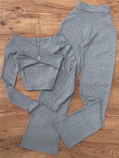 Conjunto de 2 piezas de top de manga larga con diseño cruzado de punto de unicolor elegante y pantalones casuales pitillo para mujer, otoño/invierno