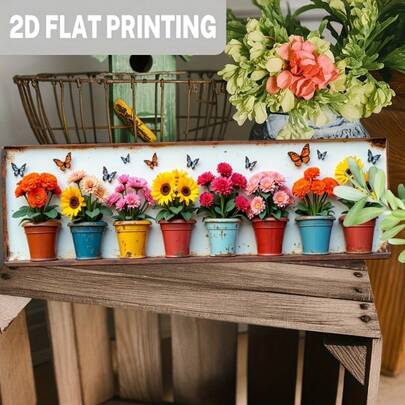 1 pieza Cartel de arte de pared de hierro vintage, con diseño de maceta de flores y mariposas, decoración de estilo rústico, adecuado para jardín, porche, cocina, patio - Decoración colgante de país de 10 cm x 40 cm, arte de pared de jardín, arte de pared vibrante, textura de hierro desgastado, diseño plano 2D, con agujeros previamente perforados como se muestra