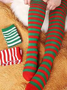 1 Pair Over-The-Knee Striped Party Socks, Christmas Cosplay Thigh High Socks For Women, Christmas Party Socks - Multicolor - View 9