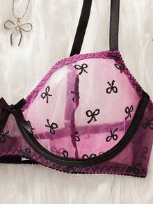 Bow Embroidery Pattern Ultra-Thin Lavender Sexy Women Lingerie Set - Multicolor - View 3