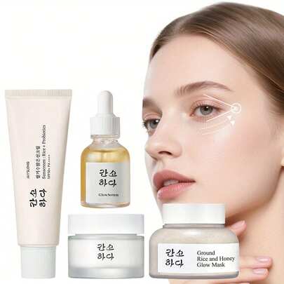 Coffret de soins de la peau au riz pour une peau éclatante et hydratée, peau de verre. Essence éclatante avec niacinamide, essence de son de riz avec céramide. Donne un aspect lumineux, améliore la barrière hydratante de la peau, nutrition en profondeur, lisse et uniformise le teint (écran solaire + crème visage + essence + gommage)