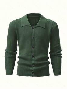 WAIT HIM 男士纯色休闲开衫毛衣 - 綠色 - 查看 4