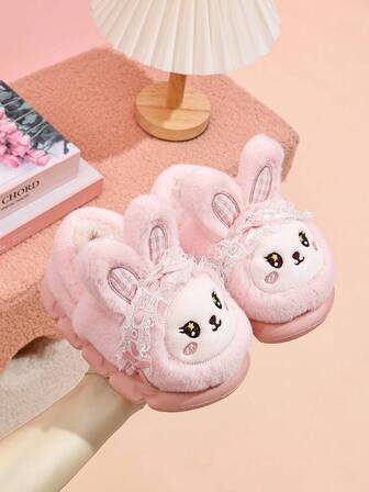 1 Pair Girls Rabbit Cartoon Lace Decor Plush Material Anti-Slip Warm Closed-Toe Cute Thermal Slippers, Suitable For Autumn/Winter Indoor Wear