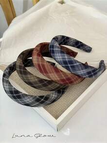 4件/1件复古格子拼接布艺发箍，高冠海绵发圈，复古学院风发饰，适合秋冬季节，发带头饰发箍 - 彩色 - 查看 1