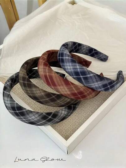 4件/1件复古格子拼接布艺发箍，高冠海绵发圈，复古学院风发饰，适合秋冬季节，发带头饰发箍