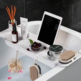 1 pezzo Vassoio estensibile per vasca da bagno con maniglia antiscivolo - Scaffale di stoccaggio regolabile per bagno e cucina, organizzatore salvaspazio con drenaggio, accessori inclusi