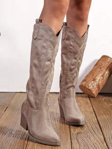 Women's Pointed Toe Chunky Heel Symmetrical Embroidered Western Boots, New Autumn/Winter Leather Slip-On Ankle Boots & Ankle Boots - Khaki - View 4