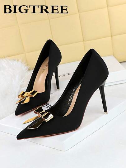 Fashionable Pointed Toe Satin High Heel Shoes With Metal Bow Accent, Suitable For Formal Occasions