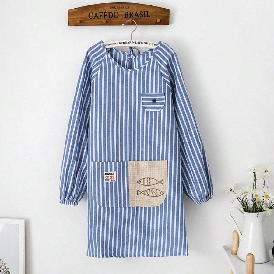 Apron With Sleeves, Waterproof, Anti-Oil Fabric, Painting Apron With Pocket, Kitchen Apron, Bib Apron, Cooking Apron - Màu xanh lam - Xem 1