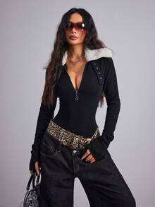 女士秋冬连体衣，时尚甜美性感风，黑色长袖连体衣，羊羔毛领，半拉链领口设计，秋冬打底衫，适合日常穿着、办公室通勤、度假、旅行、派对、约会、校园毕业季等场合。 - 黑色 - 查看 5