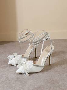Elegant Women's Pointed Toe Solid Color Pumps, Fashion Rhinestone Bow Sexy Rhinestone Strap Shoes - White - View 2