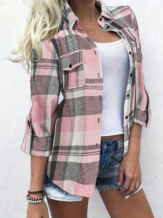 女式拉绒格子口袋袖口涤纶休闲衬衫，学院风通勤度假翻领，秋冬