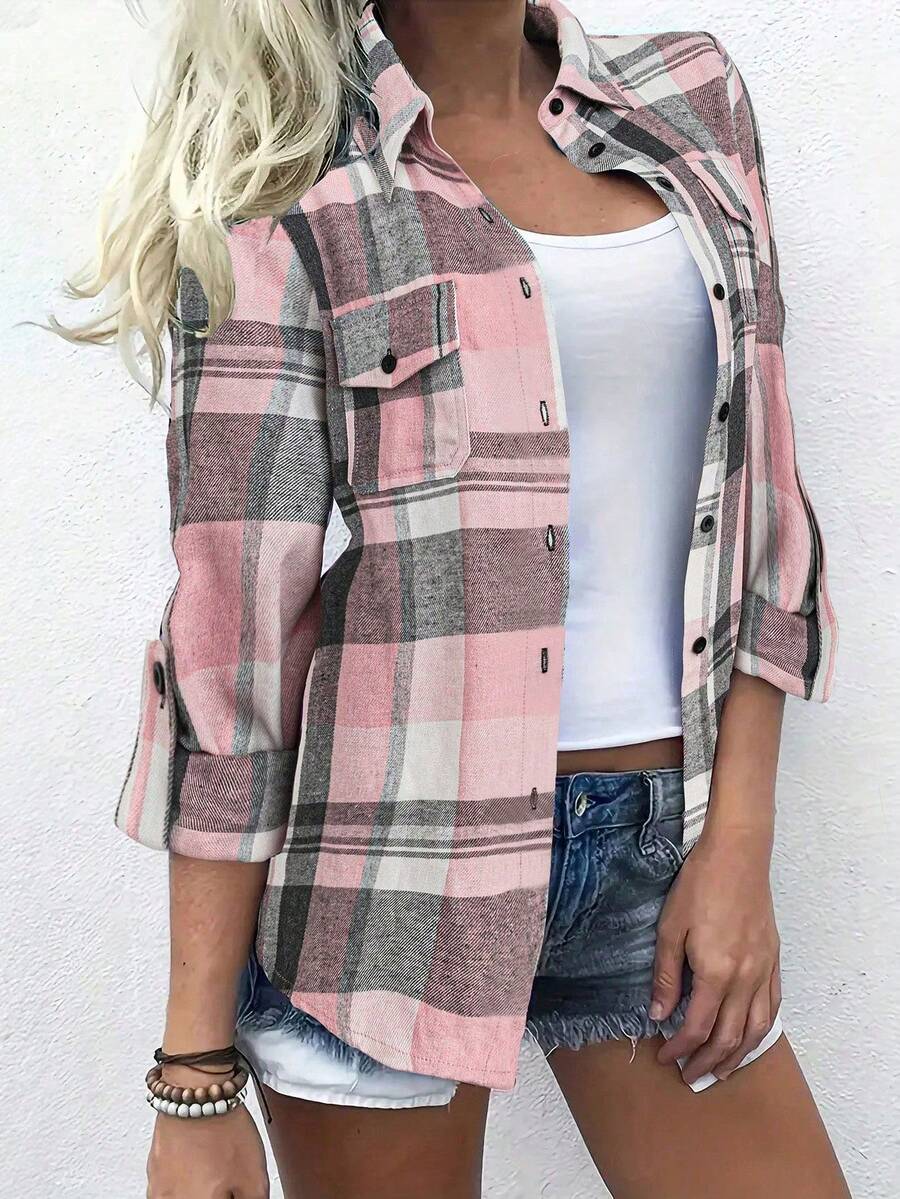Women's Brushed Plaid Pocket Cuff Polyester Casual Shirt, Collegiate Style For Commuting And Vacation, Turndown Collar, Autumn/Winter - Pink - View 1