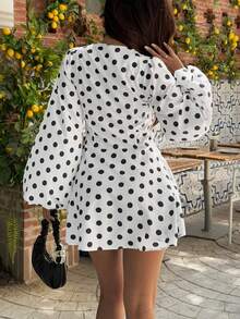 Women Polka Dot Deep V Neck Long Sleeve Ruched Waist A Line Mini Dress Sexy Cute Christmas Valentines Day Party Outfit - Đen và trắng - Xem 3