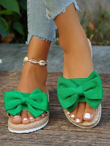 女士仿亚麻绳底蝴蝶结装饰舒适防滑绿色露趾平底凉鞋，度假风，适合室内外穿着，绿色凉鞋，绿色鞋子，沙滩必备 - 綠色-綠蝴蝶結 - 查看 6