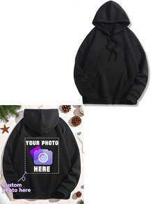 Customized Pattern Fleece Sweatshirt For Valentine's Day, Personalized Photo Gift For Friends/Family/Couples/Pets, Birthday/Anniversary/Valentine's Day, Casual Loose Fit Pullover Sweatshirt For Women, Black Sweatshirt, Customized Christmas Pattern, Autumn/Winter , Fall Top, Winter Wear, Party Gift, Gift For Her, Birthday Gift, Party Season, Women's Autumn/Winter Sweatshirt - Black - View 3