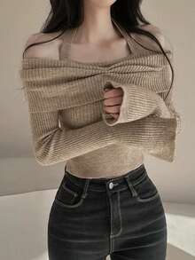 Women's Solid Color Ribbed Ruffle Hem Casual Turtleneck Long Sleeve Sweater, Autumn/Winter - Camel - View 6