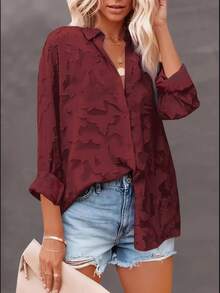 Plus Size Women Casual Jacquard Blouse, Loose Textured Wine Red Long Sleeve Shirt, Suitable For Back To School, Daily Wear, Holiday Travel, Autumn