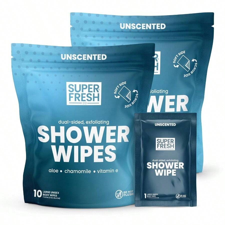 AFRT Super Fresh Shower Wipes Large Unscented Body Wipes For No Rinse Bathing Personal Hygiene Gym Travel Or Camping Enriched With Aloe And Vitamin E 20 Individually Wrapped Disposable Sheets - 無香型 - 查看 1