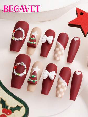 BEGAVET 10pcs Handmade Salon Quality Christmas Press On Nails Super Long Exclusive Design 3D Nails With 3D Charms, Suitable For Parties/Music Festival And Daily Wear