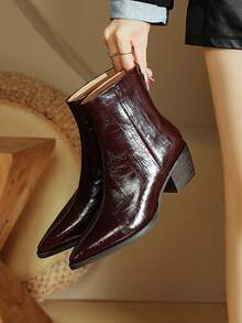 Qiluyuan Women's Fashion Boots, New Autumn/Winter French Elegant Solid Color Commuting Western Style Back Zipper Patent Leather Office Comfortable Thick Heel Pointed Toe Party Ankle Boots, Red/Black