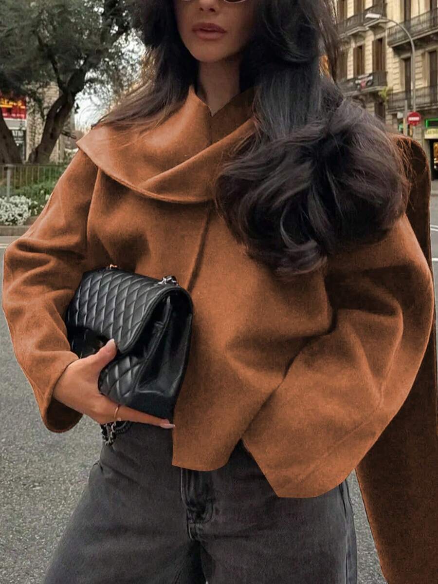 女士简约时尚优雅纯色V领长袖短款外套,适合秋冬季日常穿着、通勤,优雅休闲百搭,可搭配围巾作为宽松外套。 - 鏽棕色 - 查看 1