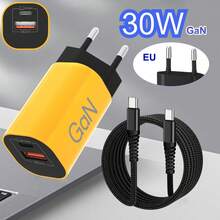 Bộ sạc nhanh Gallium Nitride 30W, sạc đa năng 2 cổng USB-C và USB-A, thiết kế gắn tường, tương thích với điện thoại di động và máy tính xách tay, nhỏ gọn và tiện dụng, tương thích với iPhone 17 15 14 Pro Max 13 12 11 SE 2020 XS XR 8 7, Bộ sạc USB-C + kèm cáp bện dài 6,6ft + 3,3ft. - Phích cắm loại C của EU (220-240V) - Xem 3