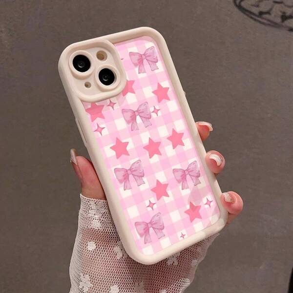 Kreative rosa Mesh Stern Bogen Muster Handyhülle kompatibel mit iPhone 17, 16, 15, 14, 13 ProMAX Mode 17Air weiche Kante Rückseite Schutzhülle geeignet für Samsung Galaxy s22, s23, s24, s25 Plus Ultra mit Kartenschlitz transparente weiche Hülle