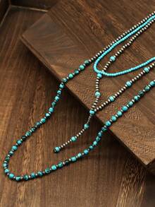 Collar en forma de lágrima de turquesa, set de 3 collares de estilo occidental/campestre con textura de perlas falsas, joyería de moda para mujer, collar bohemio vintage ajustable con cuentas para niñas - Turquesa - Ver 2