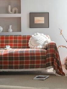 1pc Christmas Plaid Sofa Cover With Tassels, Green Vintage Farmhouse Style Sofa Throw Blanket, Thick & Durable Sofa Protector For Pet, Perfect For Christmas Holiday Family Gathering, Living Room, Bedroom, Office