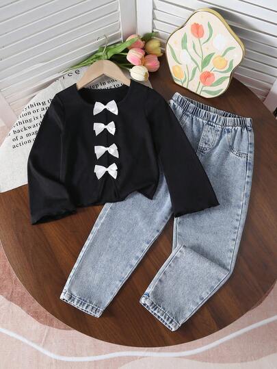2pcs/Set Young Girl's Casual Collegiate Street Style Outfit, Featuring Vintage Inspired Bow Accent Colorblock Striped Design Flare Sleeve Top And Distressed Denim Jeans Set, Suitable For Outdoor, Back To School, Commute, And Social Events, Spring/Autumn/Winter